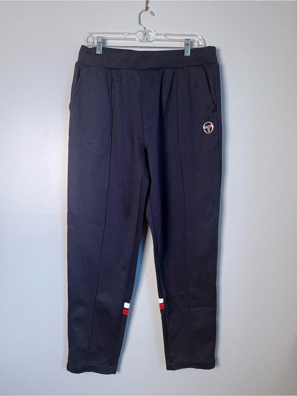Sergio Tacchini Rinascita Navy Blue Track Pants Mens L Italian Stripe Ankle Deta